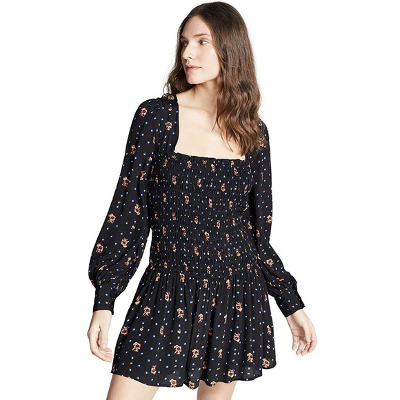 Free People Two Faces Black Floral Print Smocked Long Sleeve Mini Dress Size M - Picture 1 of 9